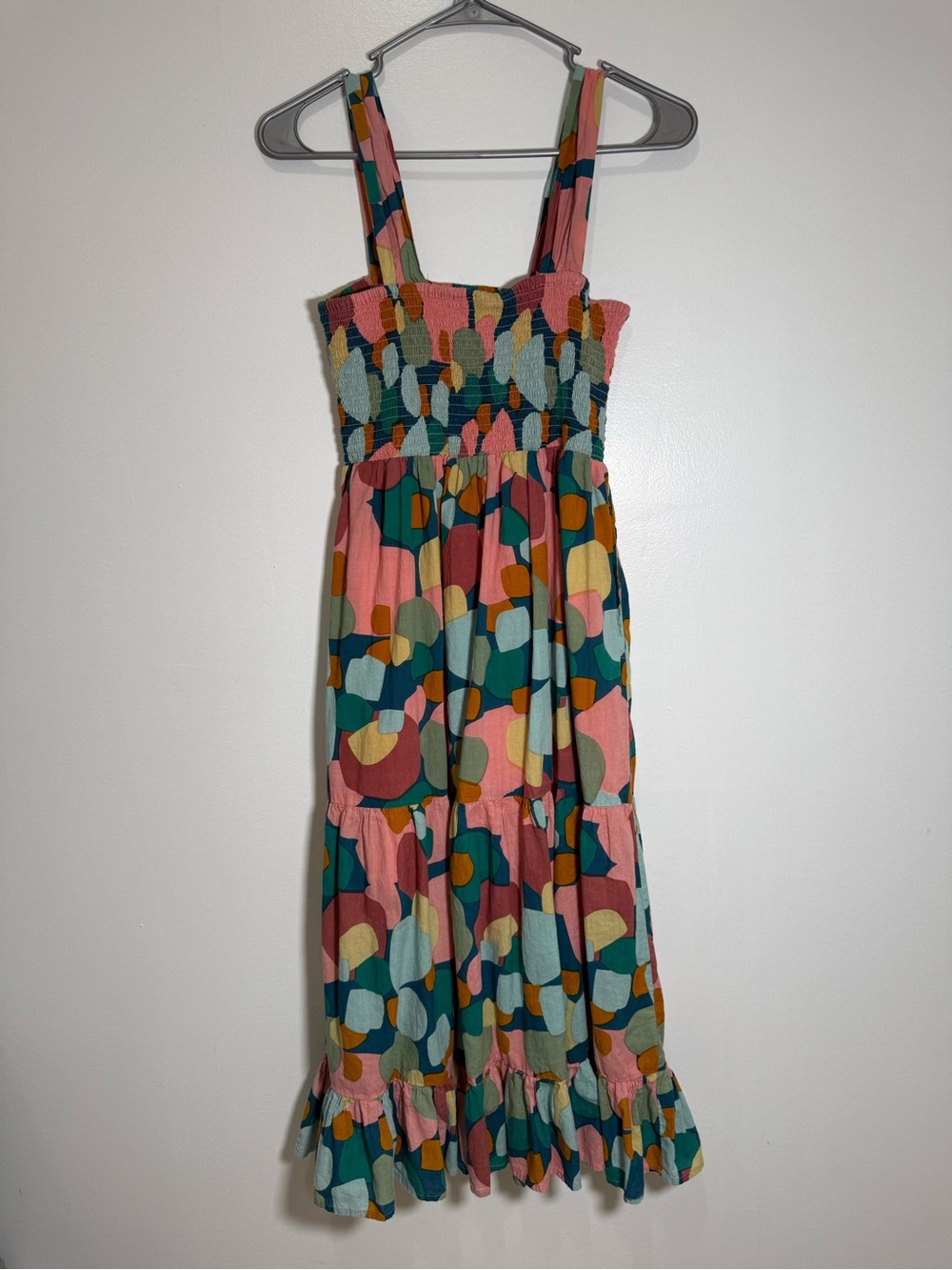 THML Anthropologie Women Multicolor Abstract-Print Smocked Tiered Midi Dress